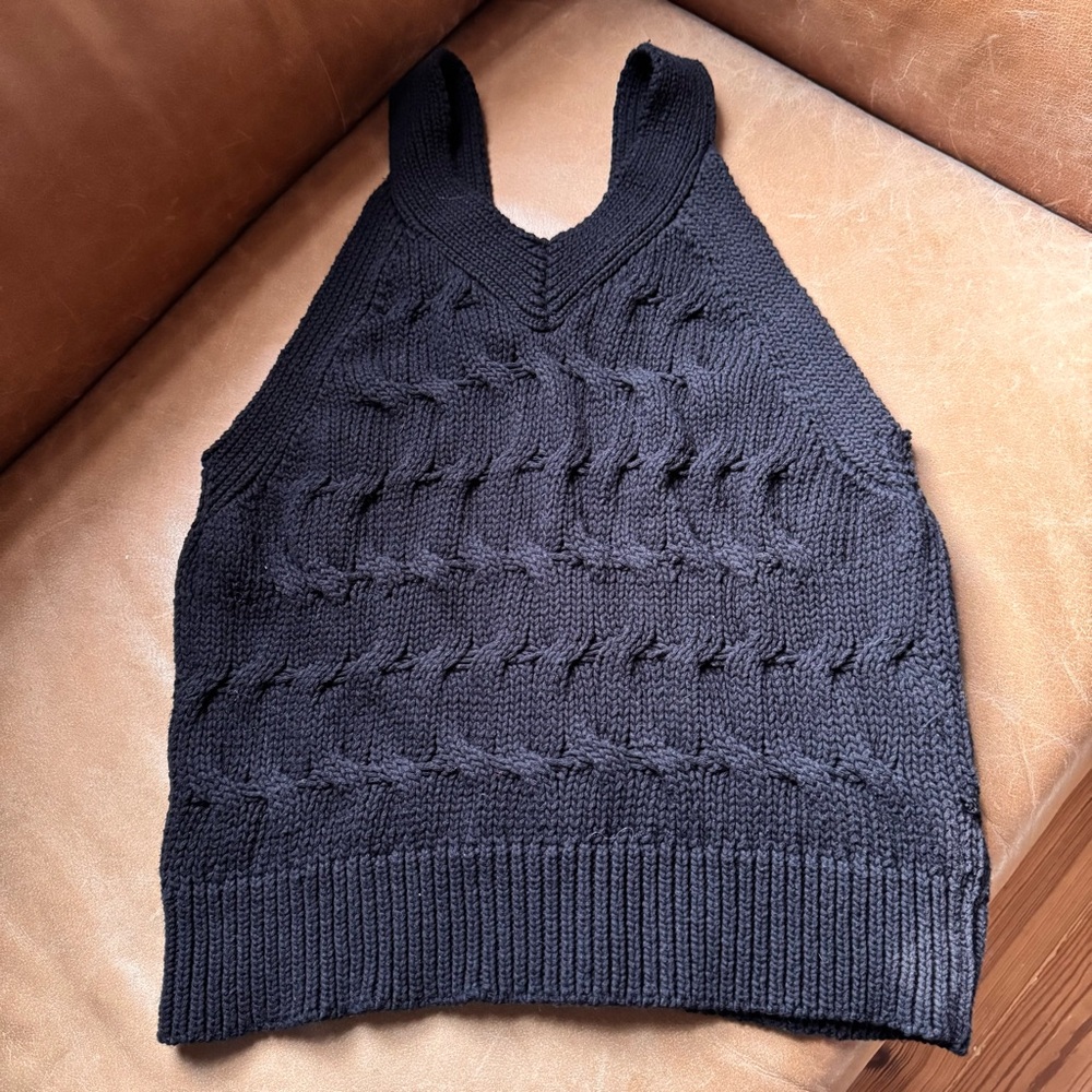 Black Knit Women's Sweater Vest Cotton blend layering knitwear texture cableknit - Picture 3 of 8